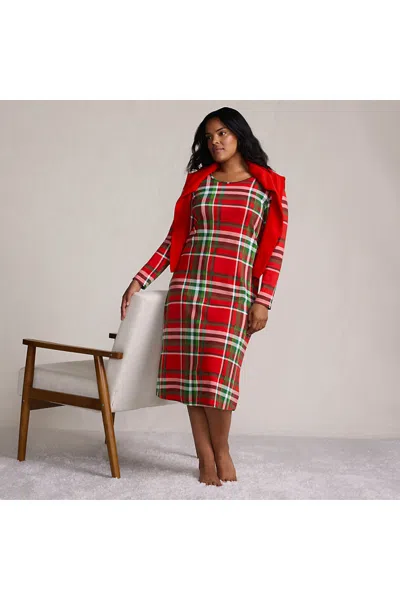 Lands' End Women's Petite Cotton Long Sleeve Midcalf Nightgown In Red
