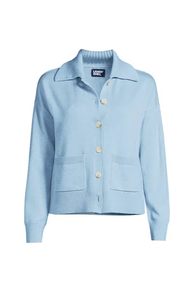 Lands' End Women's Petite Cotton Modal Collared Rib Cardigan Sweater In Blue