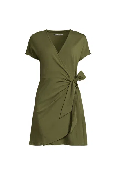 Lands' End Women's Petite Cotton Modal V-neck Mini Wrap Dress In Green