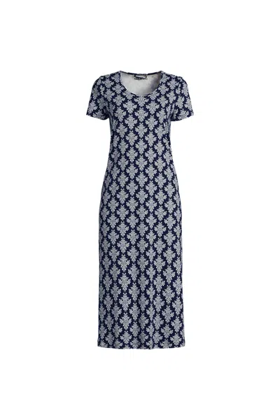 Lands' End Women's Petite Cotton Short Sleeve Midcalf Nightgown In Blue