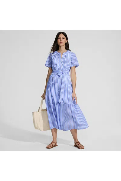 Lands' End Women's Petite Cotton Voile Button Front Maxi Dress In Blue
