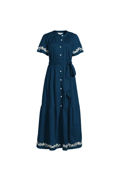 Lands' End Women's Petite Cotton Voile Button Front Maxi Dress In Blue