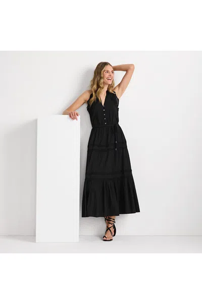 Lands' End Women's Petite Cotton Voile Halter Tiered Maxi Dress In Black
