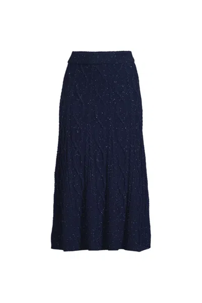 Lands' End Women's Petite Cozy Lofty Cable Fluted Midi Sweater Skirt In Blue