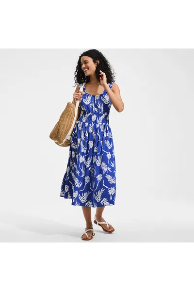 Lands' End Women's Petite Creaseless Scoop Neck Smocked Midi Dress In Blue