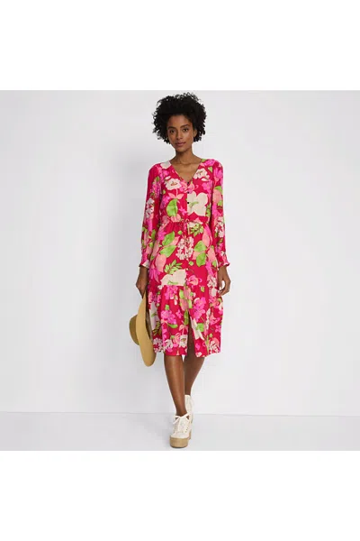 Lands' End Women's Petite Crepe Button Front Long Sleeve Midi Dress In Pink