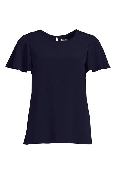 Lands' End Women's Petite Crinkle Crepe Flutter Sleeve Blouse In Blue