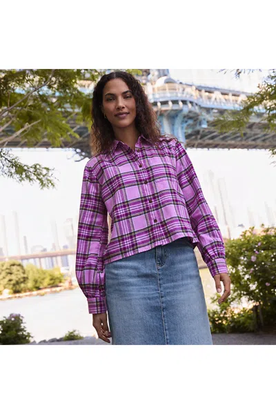 Lands' End Women's Petite Cropped Flannel Shirt In Pink