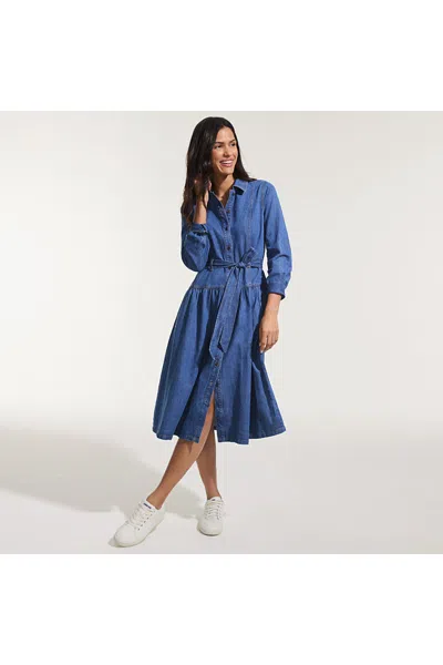 Lands' End Women's Petite Denim Button Front Midi Shirt Dress In Multi