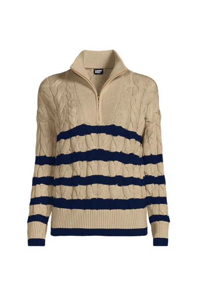 Lands' End Women's Petite Drifter Cable Quarter Zip Sweater In Tan