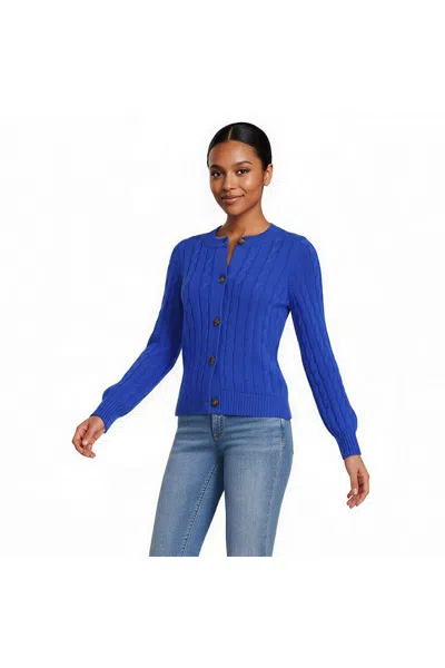 Lands' End Women's Petite Drifter Classic Cable Crew Neck Cardigan Sweater In Blue
