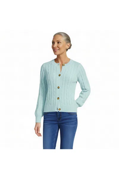 Lands' End Women's Petite Drifter Classic Cable Crew Neck Cardigan Sweater In Blue