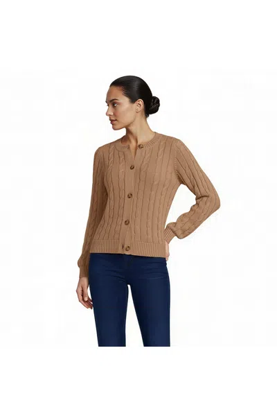 Lands' End Women's Petite Drifter Classic Cable Crew Neck Cardigan Sweater In Brown