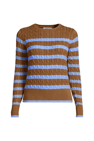 Lands' End Women's Petite Drifter Modern Cable Crew Sweater In Brown