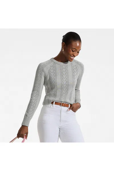 Lands' End Women's Petite Drifter Raglan Pointelle Crew Neck Sweater In Gray