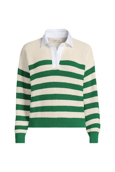 Lands' End Women's Petite Drifter Rugby With Woven Collar Sweater In Green