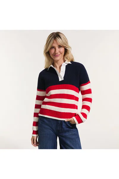Lands' End Women's Petite Drifter Rugby With Woven Collar Sweater In Multi