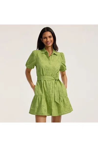 Lands' End Women's Petite Elbow Sleeve Eyelet Knee Length Shirt Dress In Green