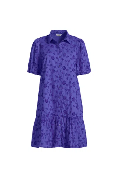 Lands' End Women's Petite Elbow Sleeve Eyelet Knee Length Shirt Dress In Blue