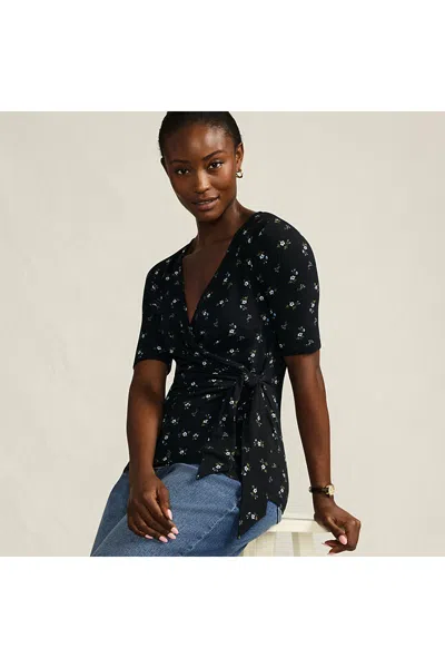 Lands' End Women's Petite Elbow Sleeve Lightweight Jersey Side Tie Blouse In Black