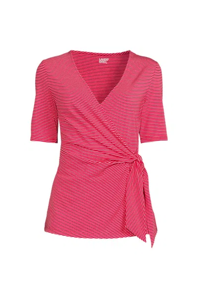 Lands' End Women's Petite Elbow Sleeve Lightweight Jersey Side Tie Blouse In Red