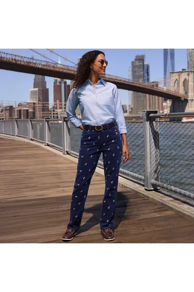 Lands' End Women's Petite Fine Wale Embroidery Corduroy High Rise Straight Leg Pants In Blue