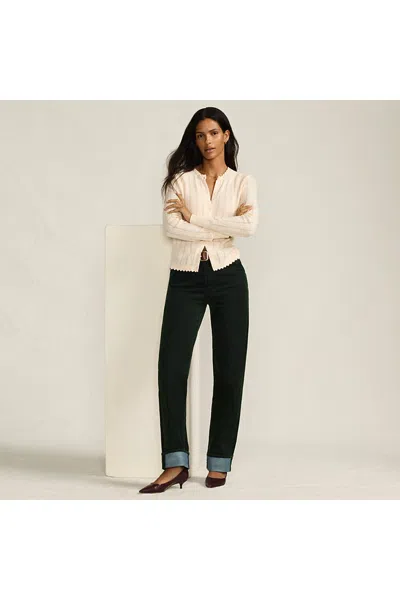 Lands' End Women's Petite Flocked Denim Mid Rise Relaxed Straight Leg Cuff Jeans In Green