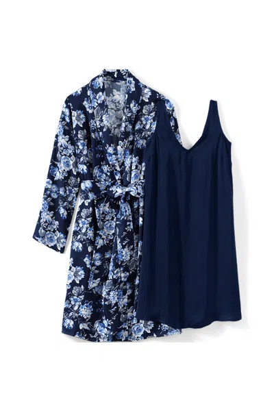 Lands' End Women's Petite Hammered Satin 2 Piece Pajama Set - Nightgown And Robe In Blue