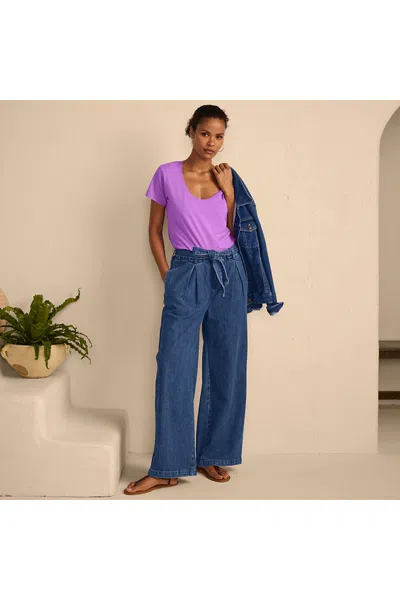 Lands' End Women's Petite High Ridge Twill Pull On Pleated Wide Leg Pants In Blue