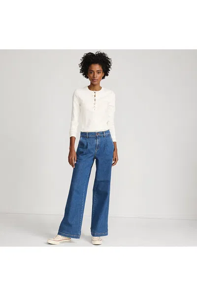 Lands' End Women's Petite High Rise Soft Denim Pleated Wide Leg Trousers In Blue