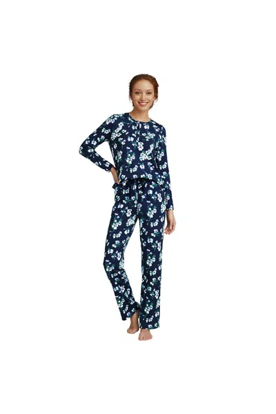 Lands' End Women's Petite Knit 2 Piece Pajama Set - Long Sleeve Top And Pants In Blue