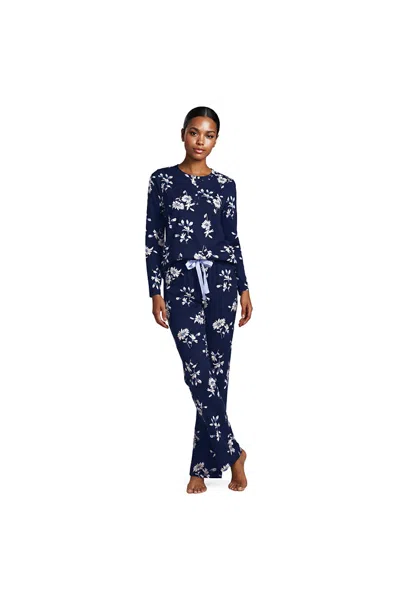 Lands' End Women's Petite Knit 2 Piece Pajama Set - Long Sleeve Top And Pants In Blue