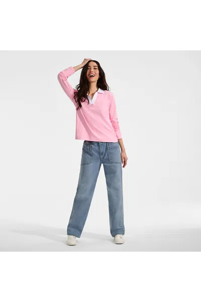 Lands' End Women's Petite Lightweight Denim High Rise Relaxed Straight Pull On Pocket Jeans In Blue