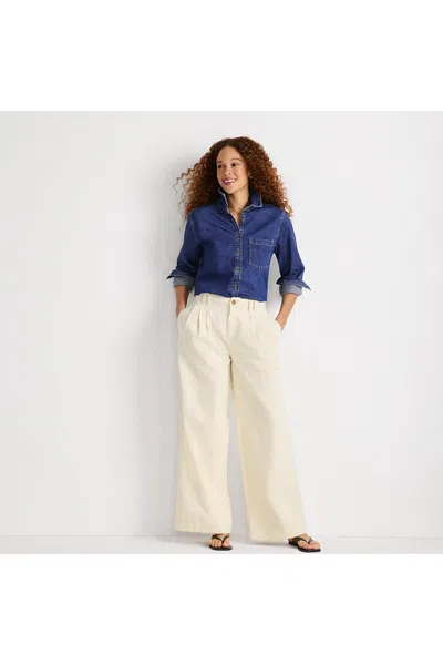 Lands' End Women's Petite Lightweight Denim Mid Rise Pleated Slouchy Jeans In White