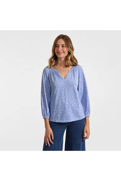 Lands' End Women's Petite Lightweight Jersey 3/4 Sleeve Notch Neck Gather Blouse In Blue