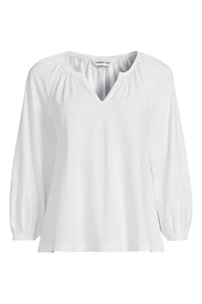 Lands' End Women's Petite Lightweight Jersey 3/4 Sleeve Notch Neck Gather Blouse In White