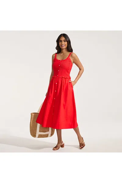 Lands' End Women's Petite Linen Blend Pintuck Tank Midi Dress In Red