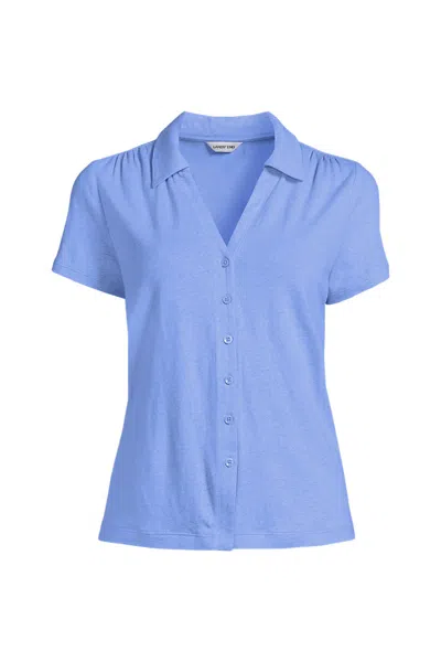 Lands' End Women's Petite Linen Blend Short Sleeve Button Front Polo Top In Blue