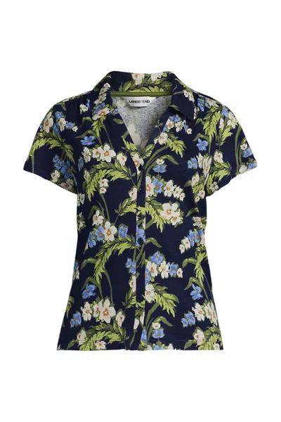Lands' End Women's Petite Linen Blend Short Sleeve Button Front Polo Top In Blue