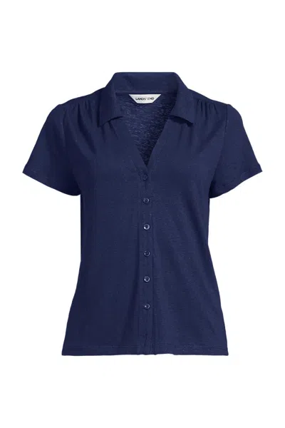 Lands' End Women's Petite Linen Blend Short Sleeve Button Front Polo Top In Blue