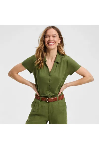Lands' End Women's Petite Linen Blend Short Sleeve Button Front Polo Top In Green
