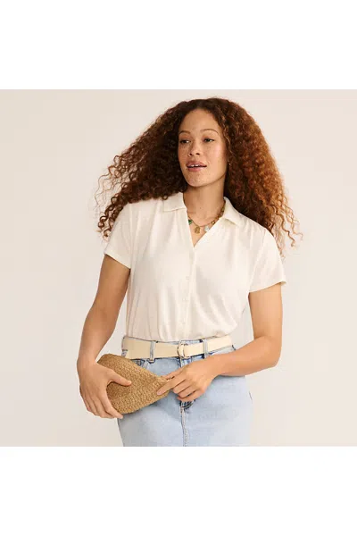 Lands' End Women's Petite Linen Blend Short Sleeve Button Front Polo Top In Ivory