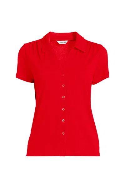 Lands' End Women's Petite Linen Blend Short Sleeve Button Front Polo Top In Red