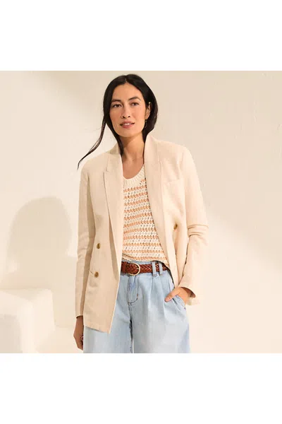 Lands' End Women's Petite Linen Double Breasted Blazer In Neutral