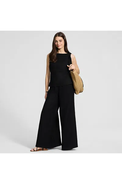 Lands' End Women's Petite Linen High Rise Palazzo Pants - Set Bottom In Black