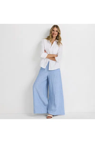 Lands' End Women's Petite Linen High Rise Palazzo Pants - Set Bottom In Blue