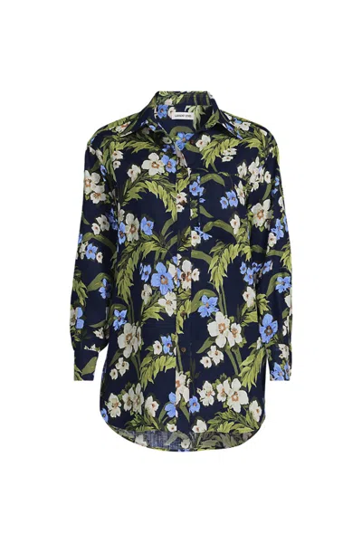 Lands' End Women's Petite Linen Oversized Button Front Shirt In Blue