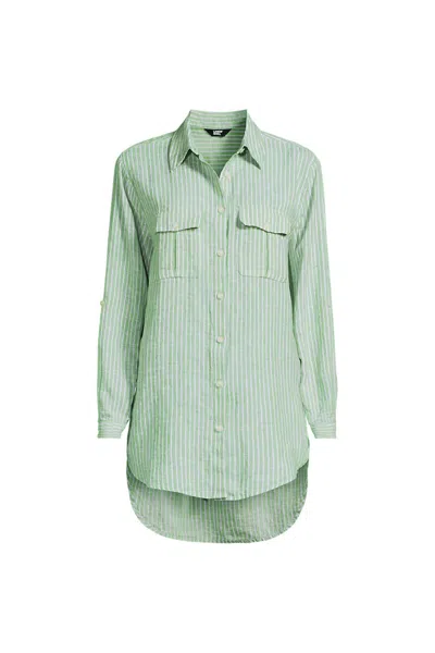 Lands' End Women's Petite Linen Roll Sleeve Relaxed Tunic Top In Green