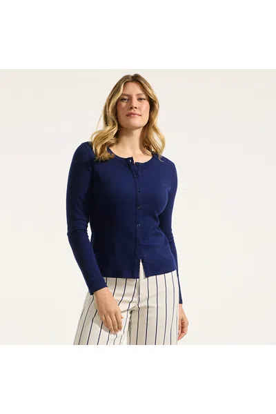 Lands' End Women's Petite Long Sleeve Micro Rib Button Through Cardigan In Blue