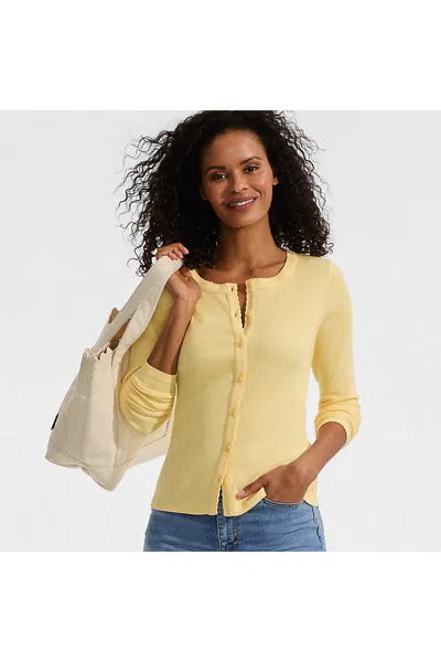 Lands' End Women's Petite Long Sleeve Micro Rib Button Through Cardigan In Yellow